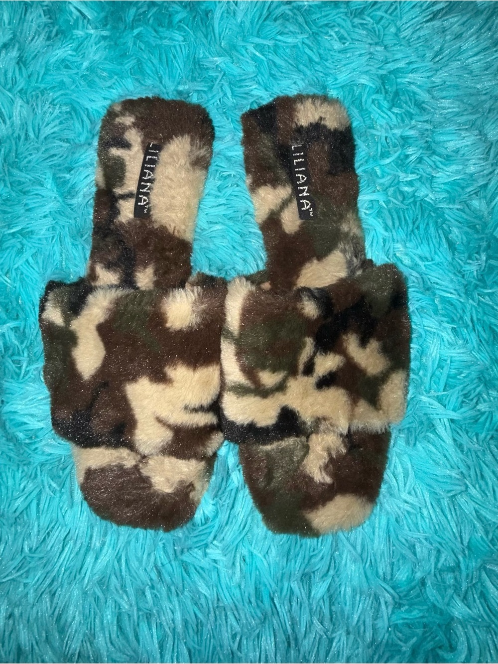 Liliana Faux Fur Camo Slide Slippers in Brown and Green